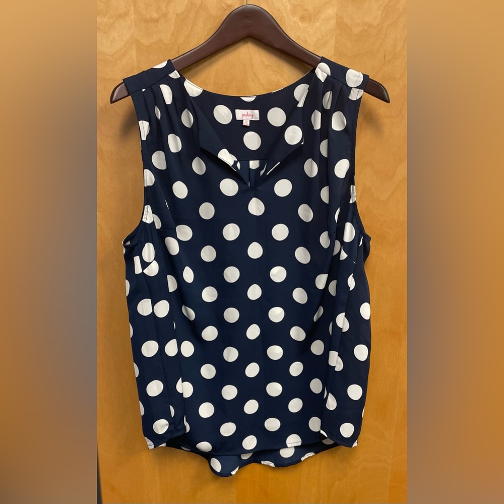 Pixley Navy Polka Dot Sleeveless Blouse, Classic Dot Print Top, Size 2X